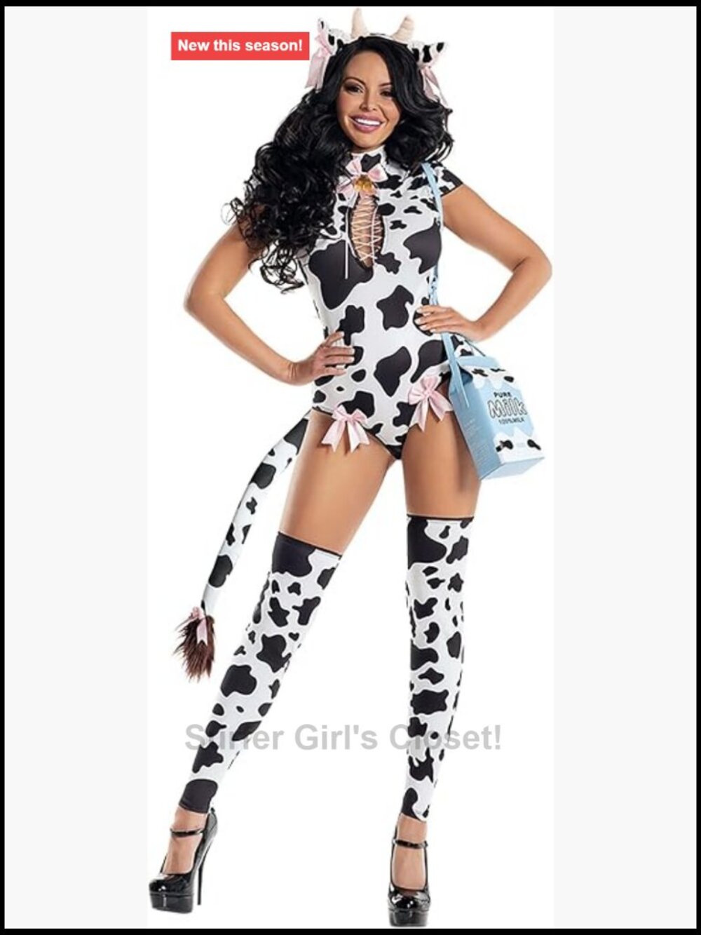 Cow Print Bodysuit Costume Set with Headpiece & Milk Carton Purse Medium